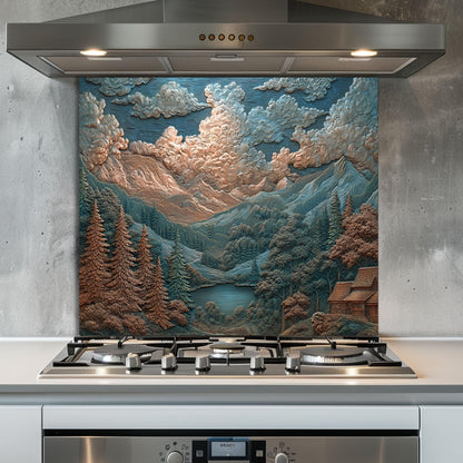 Mountain Landscape Glass Backsplash: Rustic Cabin & Boho Kitchen Decor