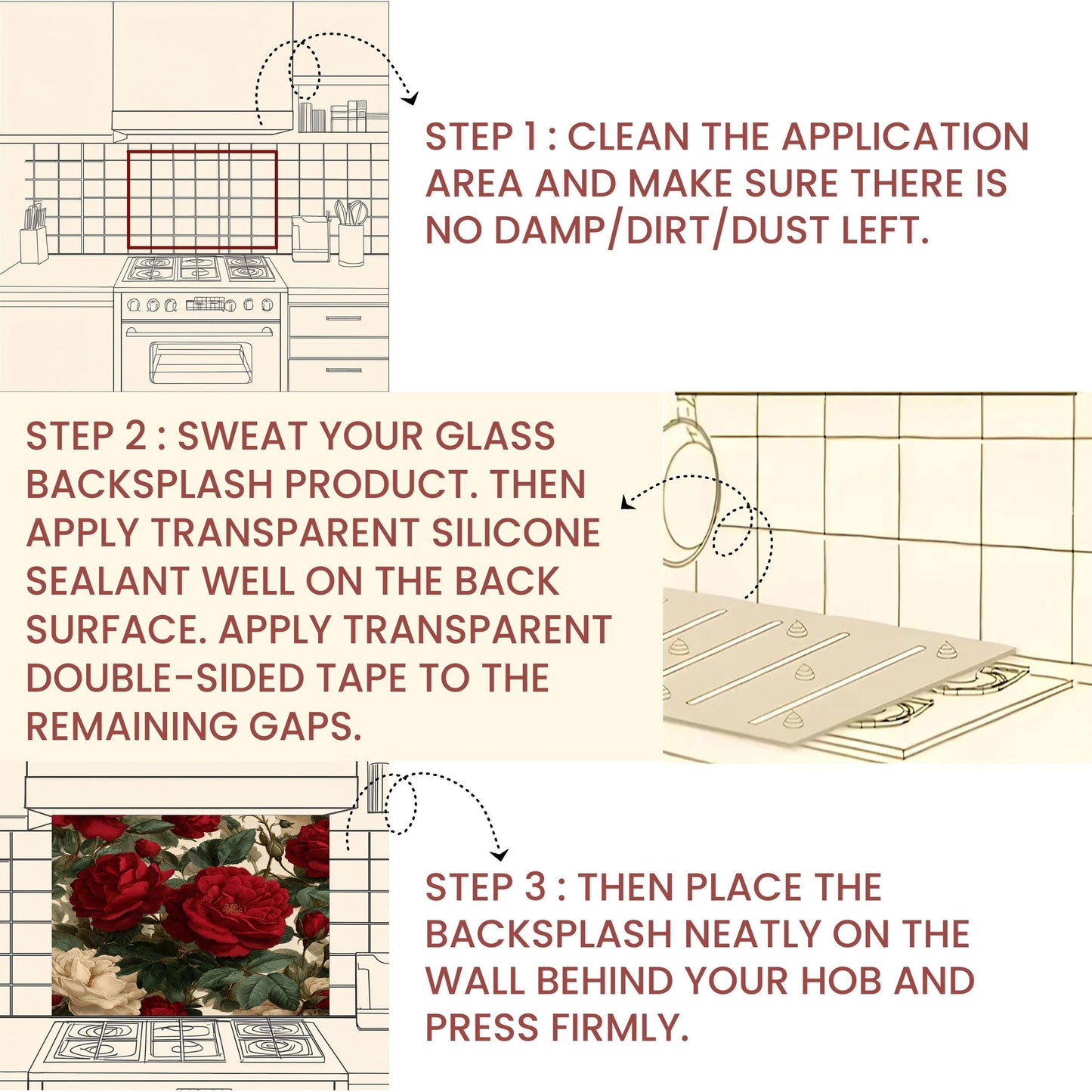 Bold Red Rose Tempered Glass Backsplash - Vintage Botanical Floral Kitchen Splashback
