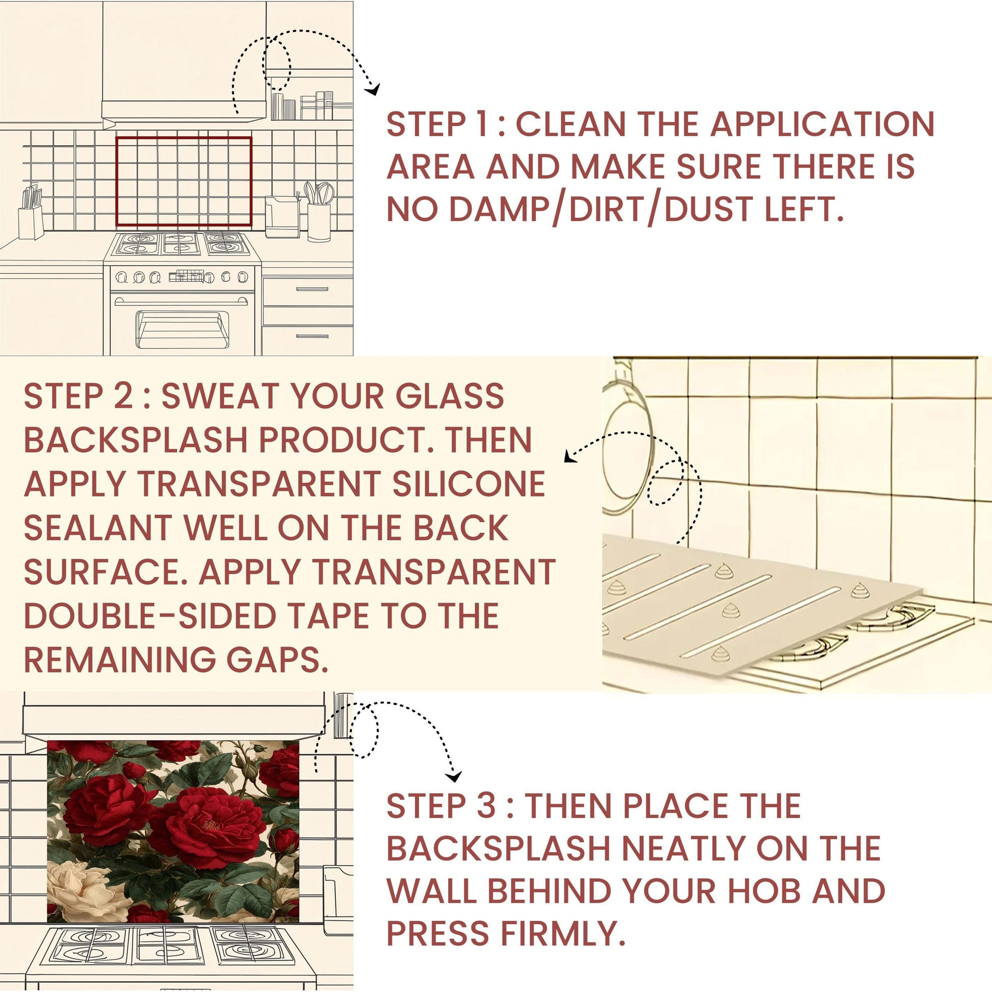 Bold Red Rose Tempered Glass Backsplash - Vintage Botanical Floral Kitchen Splashback