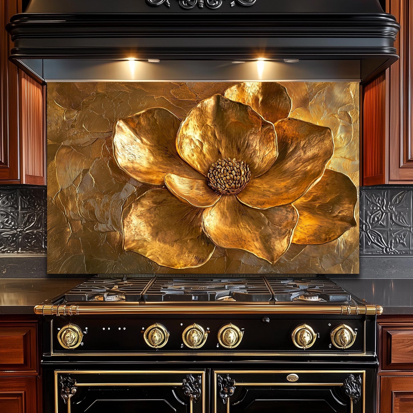 Golden Flower Tempered Glass Stove Backsplash: Rustic Kitchen Decor