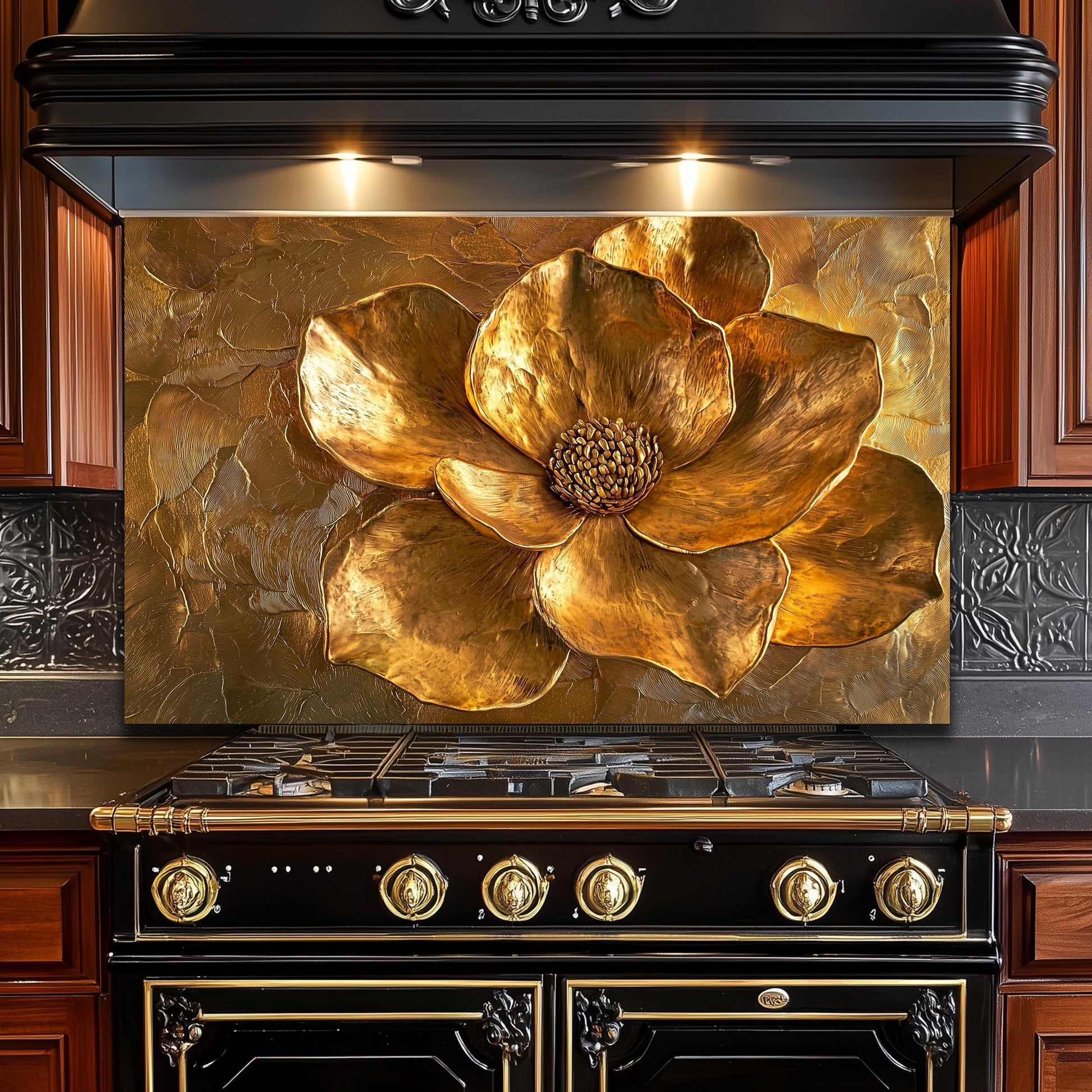 Golden Flower Tempered Glass Stove Backsplash: Rustic Kitchen Decor