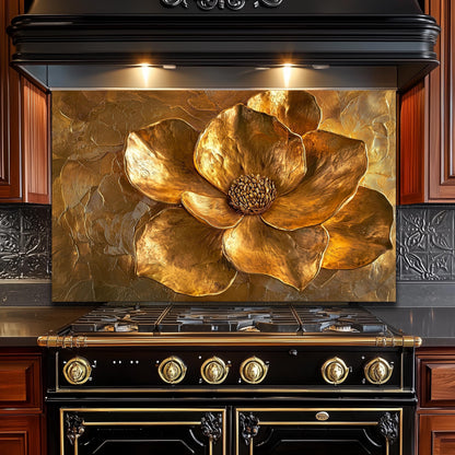 Golden Flower Tempered Glass Stove Backsplash: Rustic Kitchen Decor