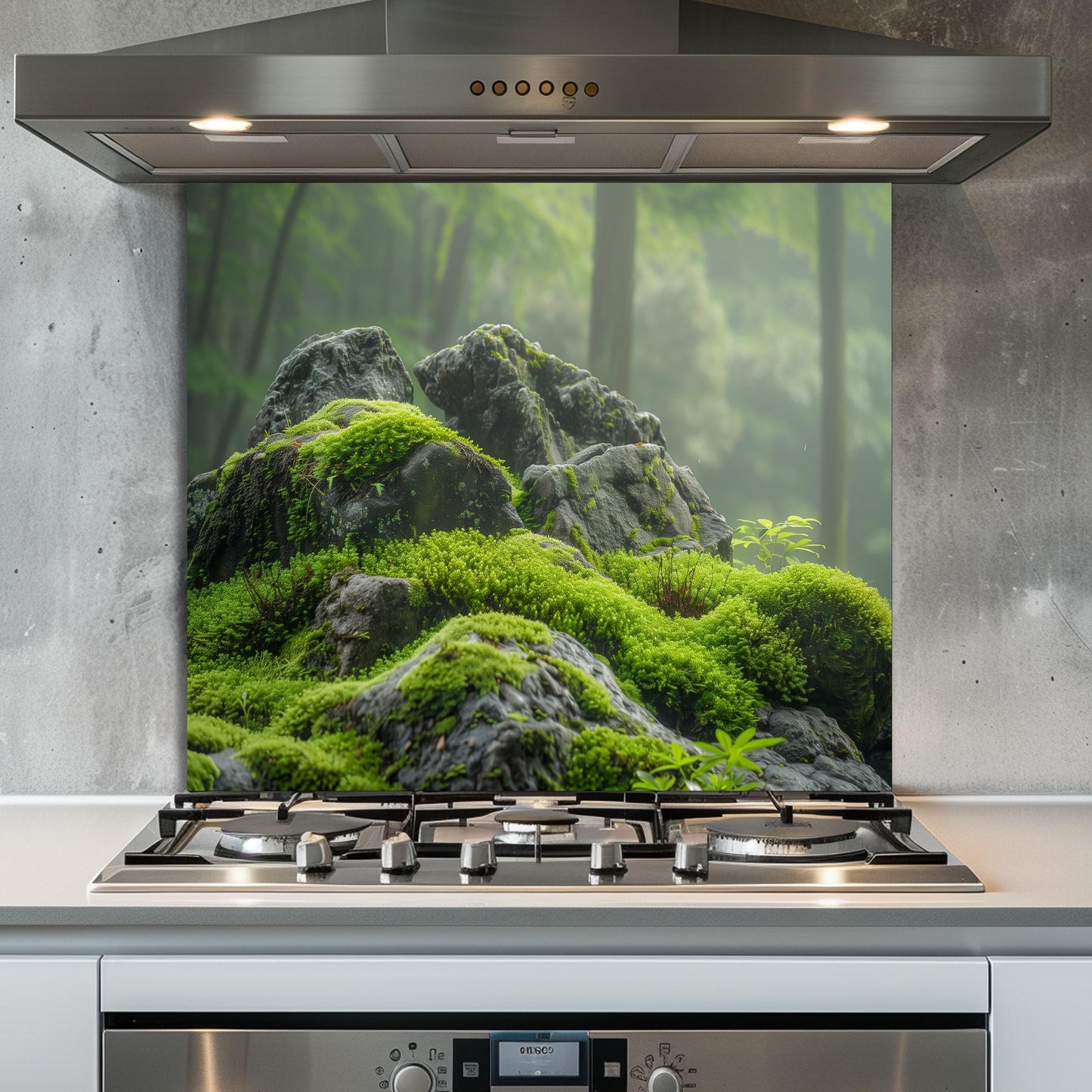 Moss Covered Rock Forest Tempered Glass Backsplash - Nature Inspired Green Kitchen Splashback