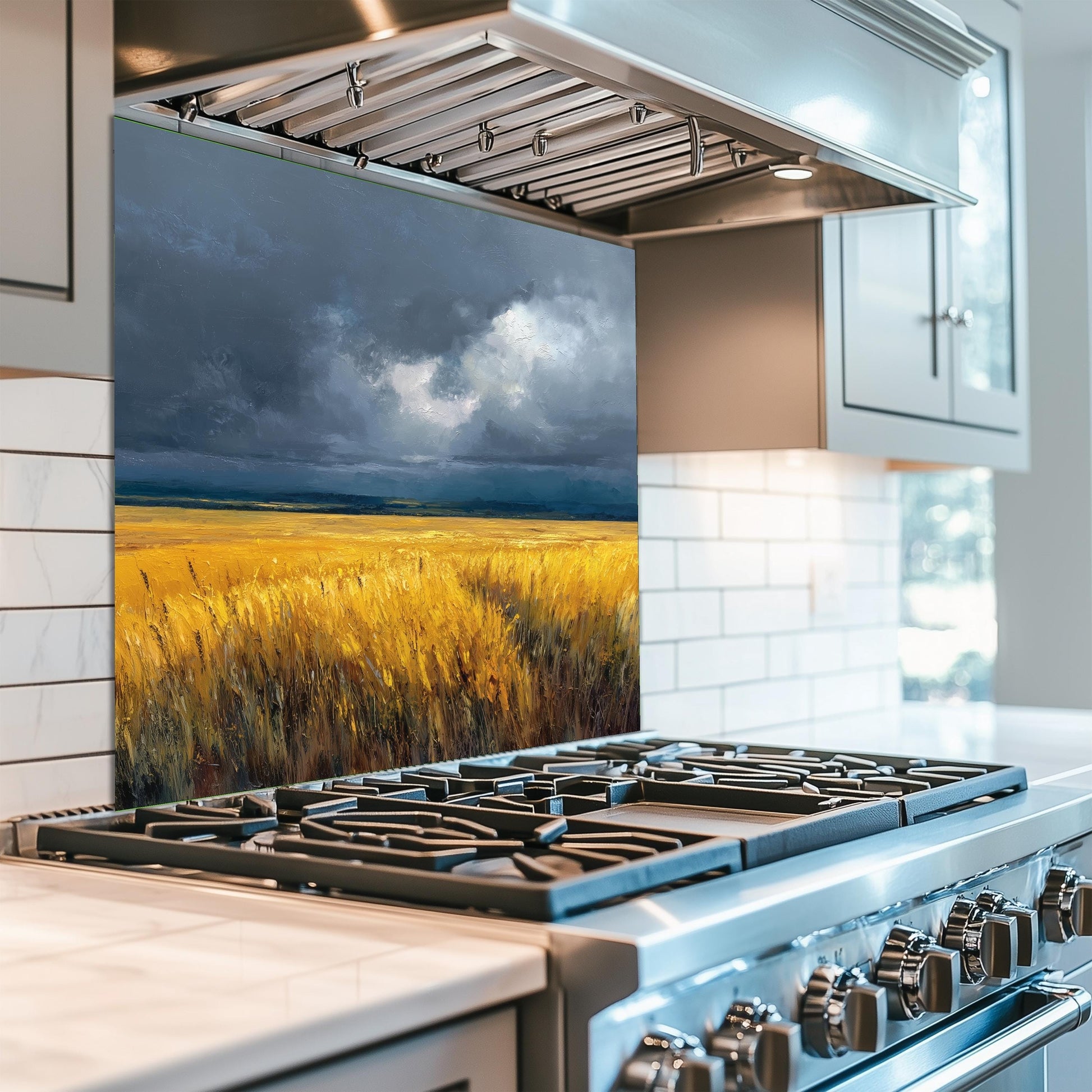 Wheat Field Glass Backsplash, Rustic Farmhouse Stove Guard, Heat Resistant Easy Clean Kitchen Art