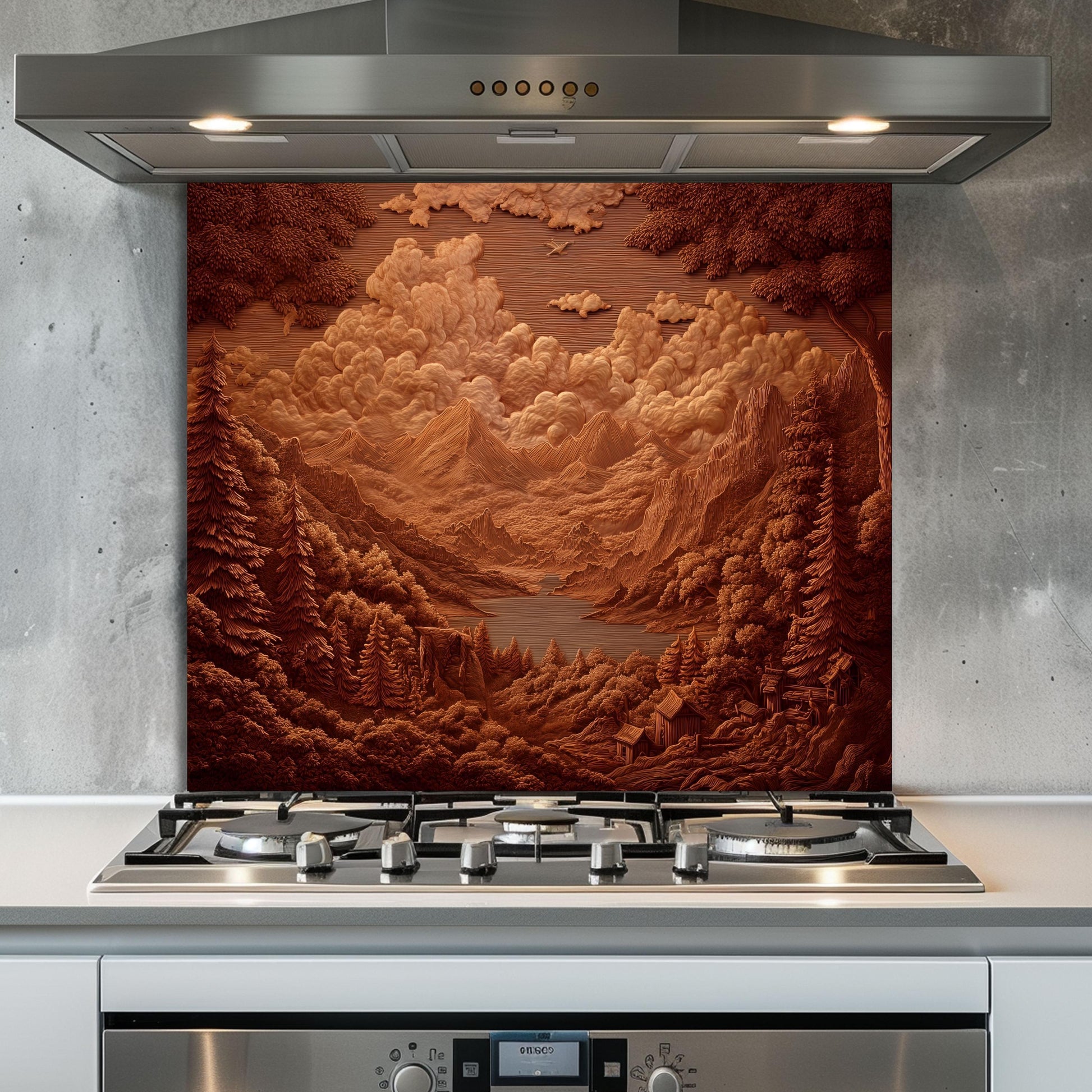 Sepia Mountain Landscape Tempered Glass Backsplash - Rustic Cabin Decor