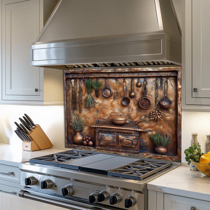 Tempered glass backsplash, copper effect kitchen design, rustic kitchen utensils, herbs kitchen art, heat-resistant wall protector, easy clean kitchen backsplash, stove wall protector