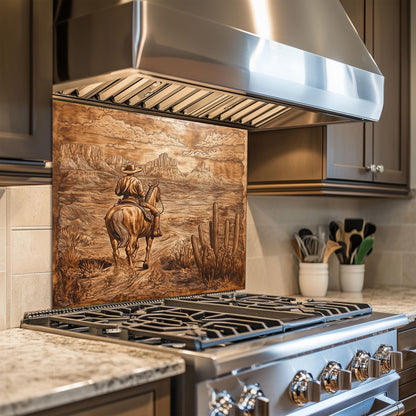 Copper effect cowboy backsplash, heat-resistant tempered glass, rustic Western kitchen decor, easy clean backsplash, kitchen wall protector, stove protector, Western wall decor