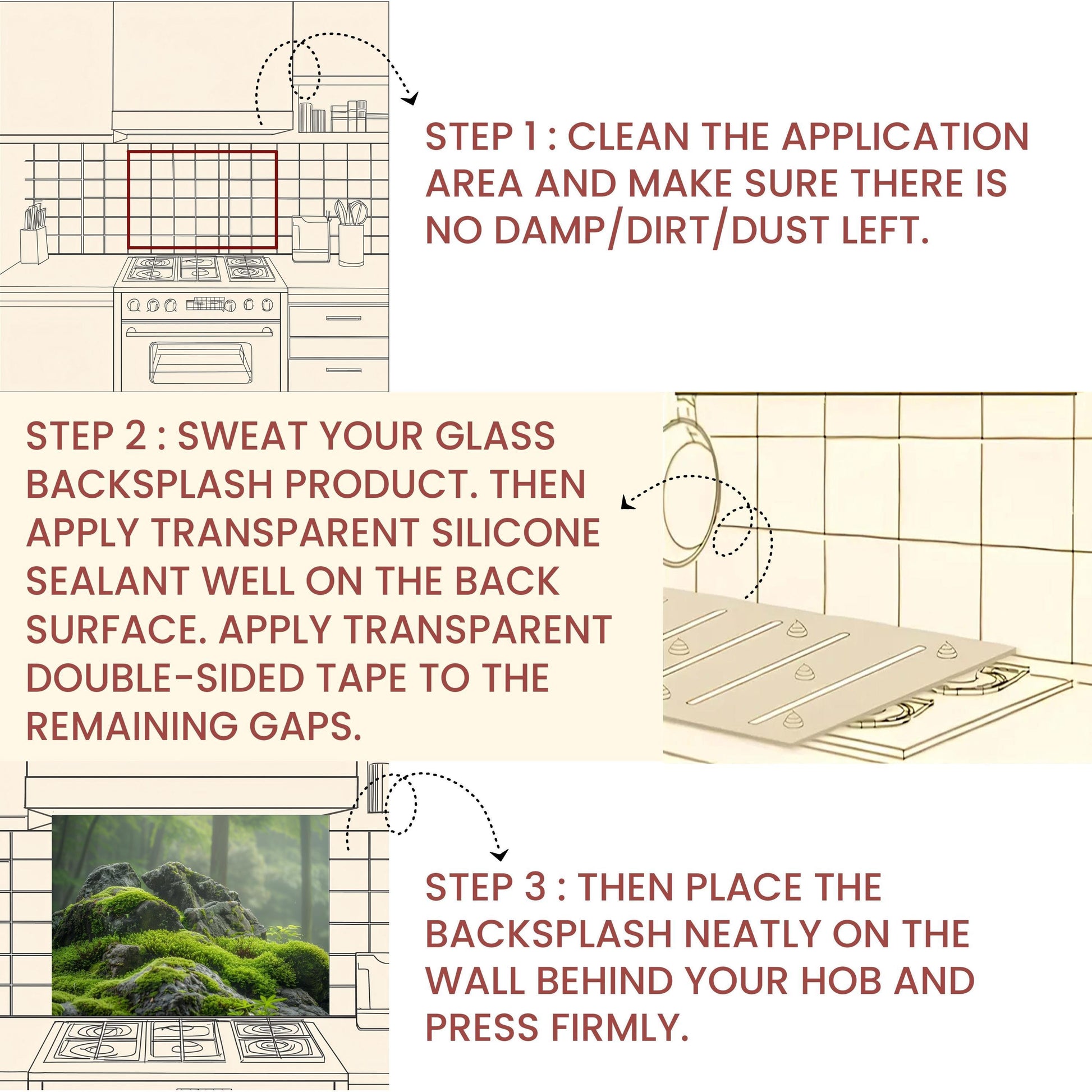 Moss Covered Rock Forest Tempered Glass Backsplash - Nature Inspired Green Kitchen Splashback