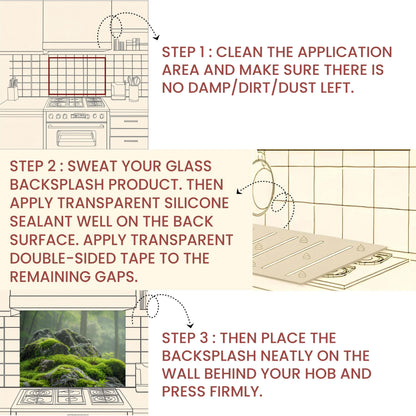 Moss Covered Rock Forest Tempered Glass Backsplash - Nature Inspired Green Kitchen Splashback