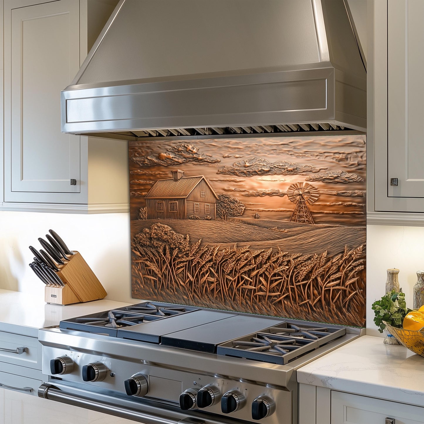 Copper Embossed Kitchen Backsplash: Farmhouse Windmill Tempered Glass