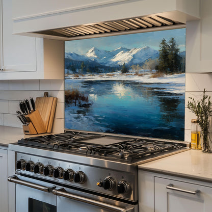 Winter Mountain Landscape Glass Backsplash: Tempered Glass Stove Panel
