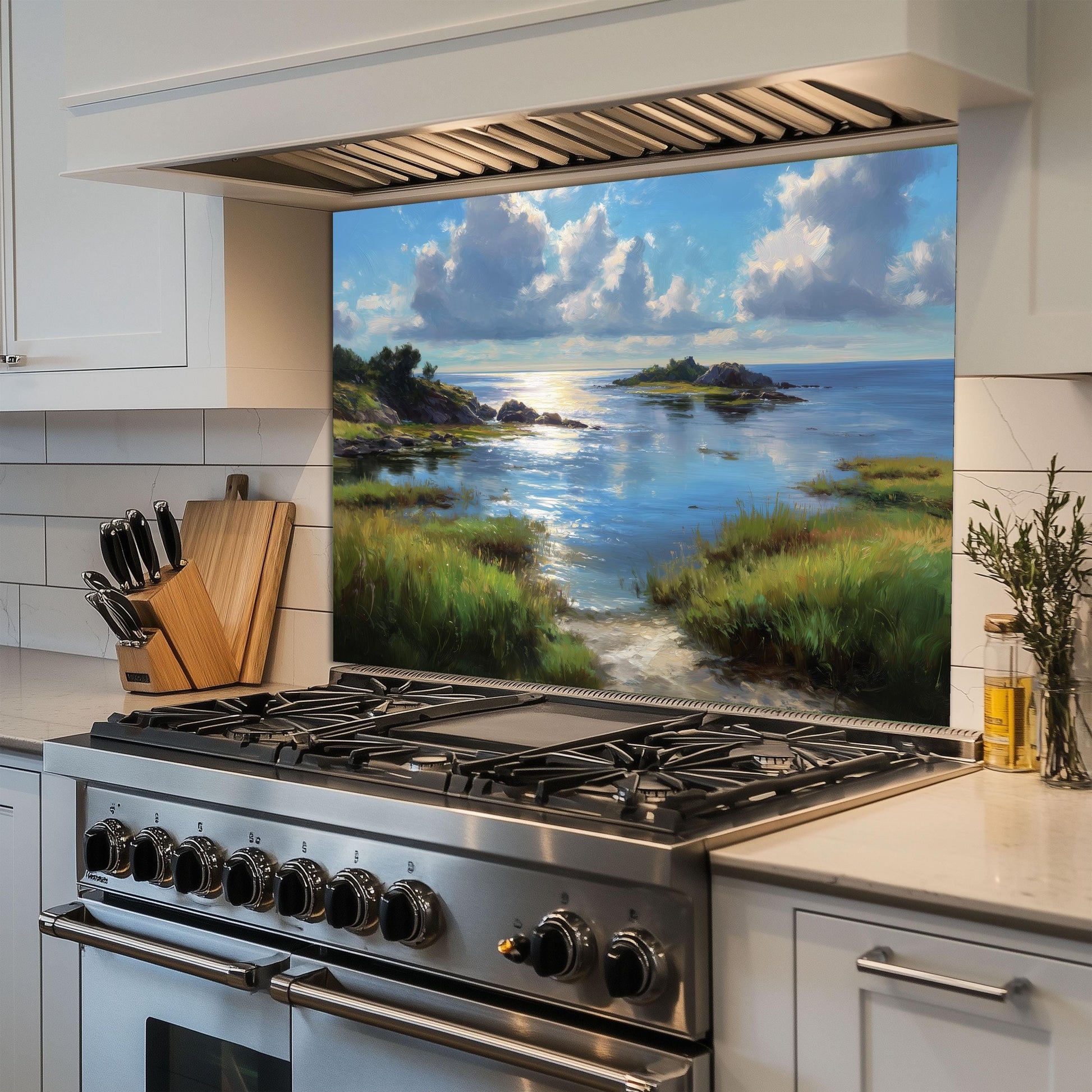 Tempered Glass Kitchen Backsplash: Mountain Sunrise Copper Effect