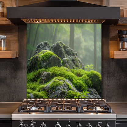 Moss Covered Rock Forest Tempered Glass Backsplash - Nature Inspired Green Kitchen Splashback