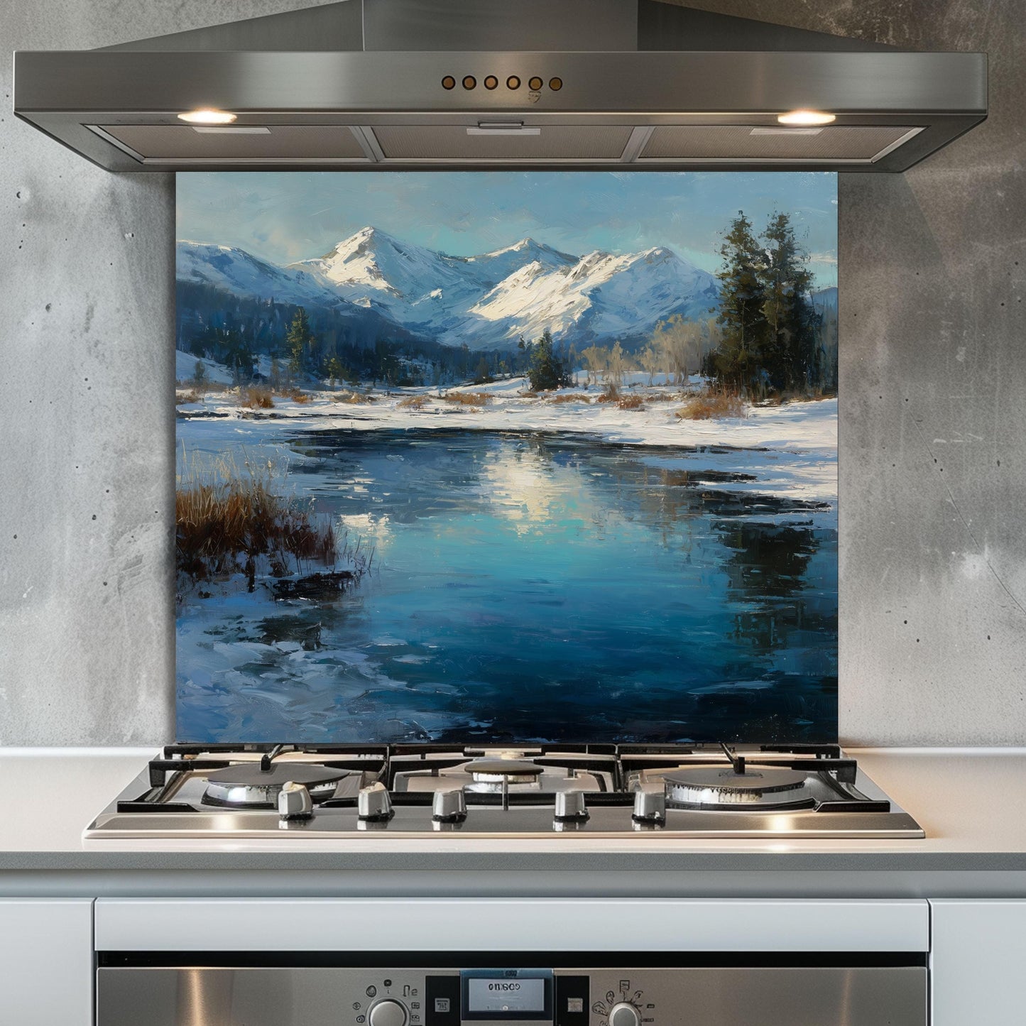 Winter Mountain Landscape Glass Backsplash: Tempered Glass Stove Panel