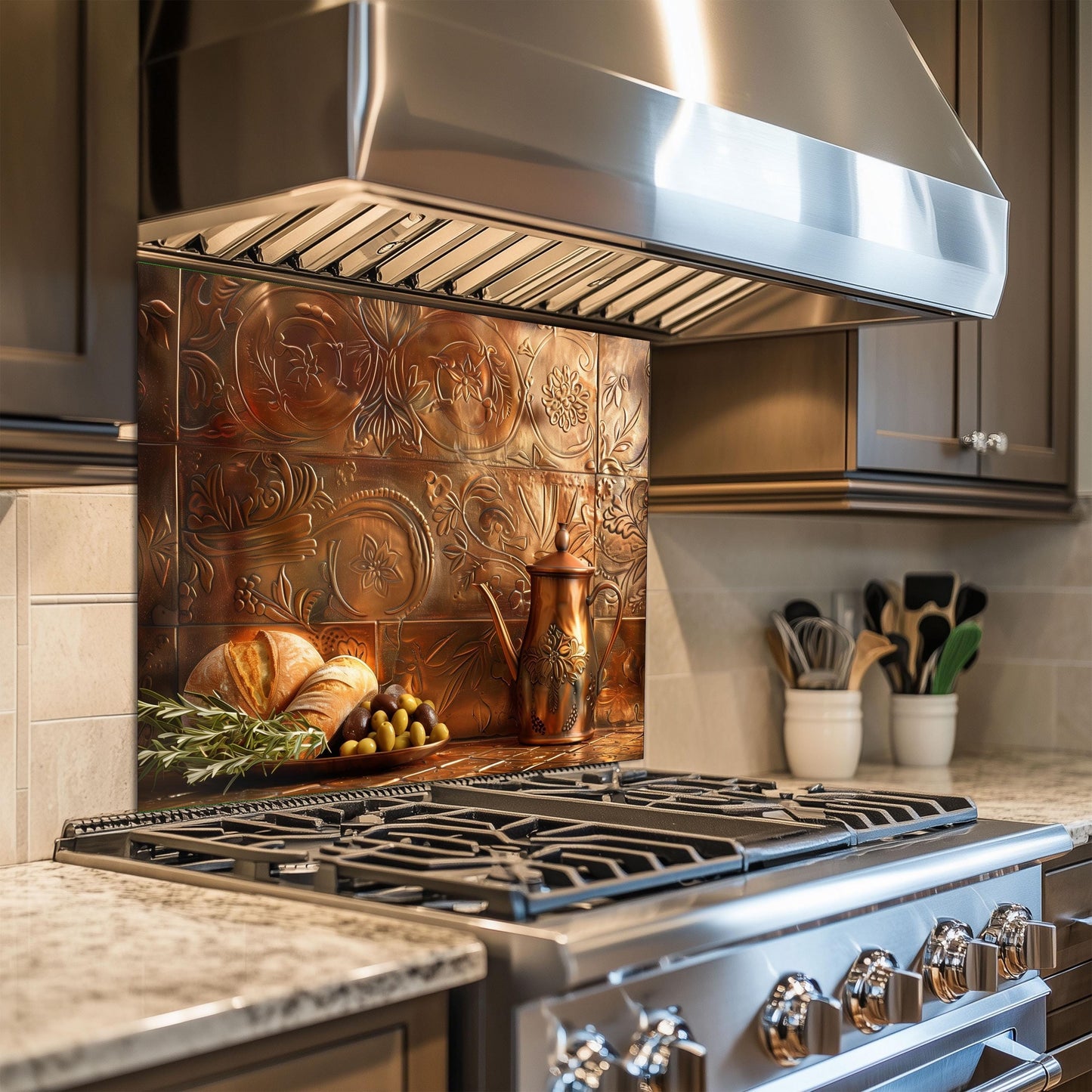 Tempered glass kitchen wall protector, copper effect Mediterranean design, heat-resistant backsplash, rustic farmhouse kitchen decor, easy clean stove wall protector, Mediterranean kitchen art, vintage kitchen decor