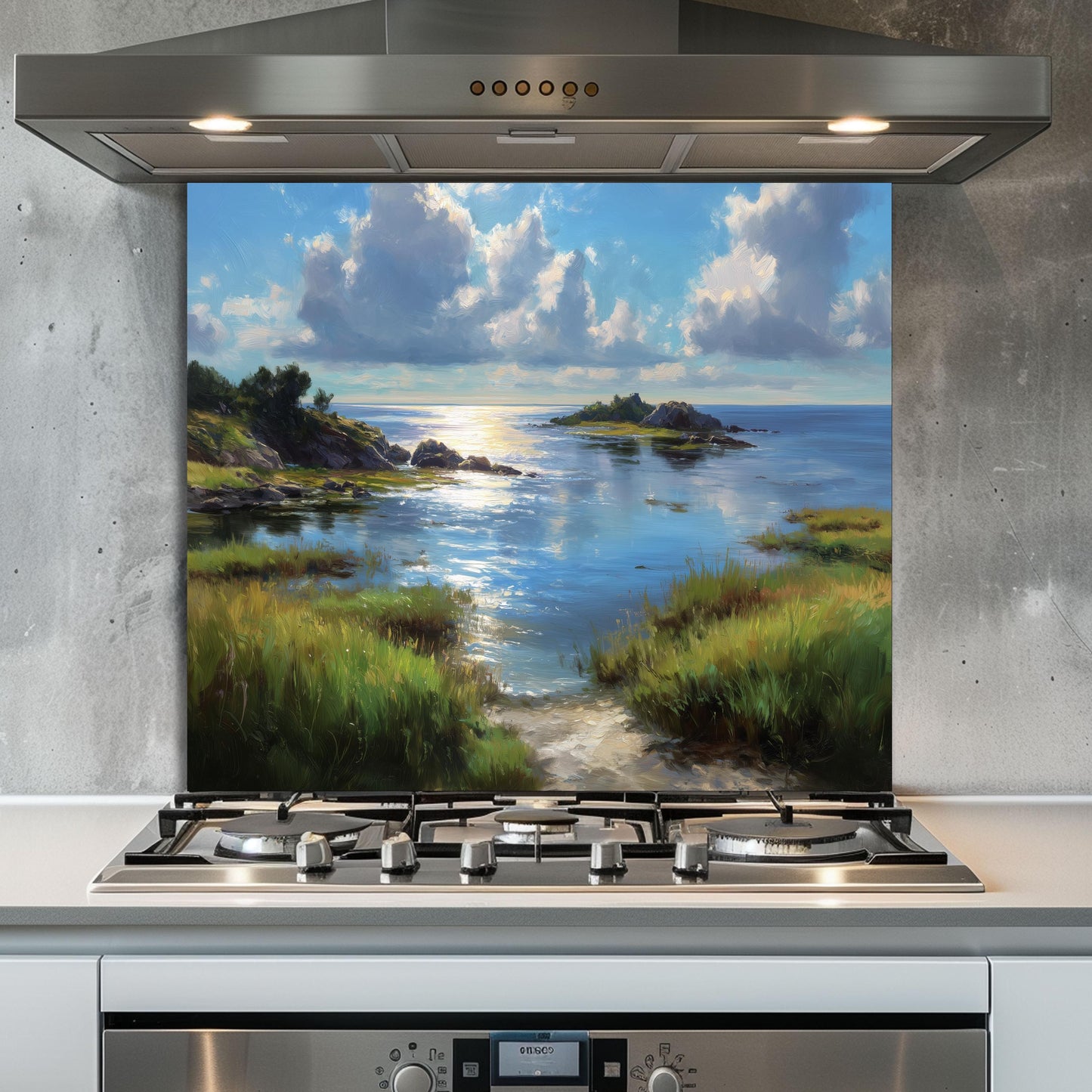 Tempered Glass Kitchen Backsplash: Mountain Sunrise Copper Effect