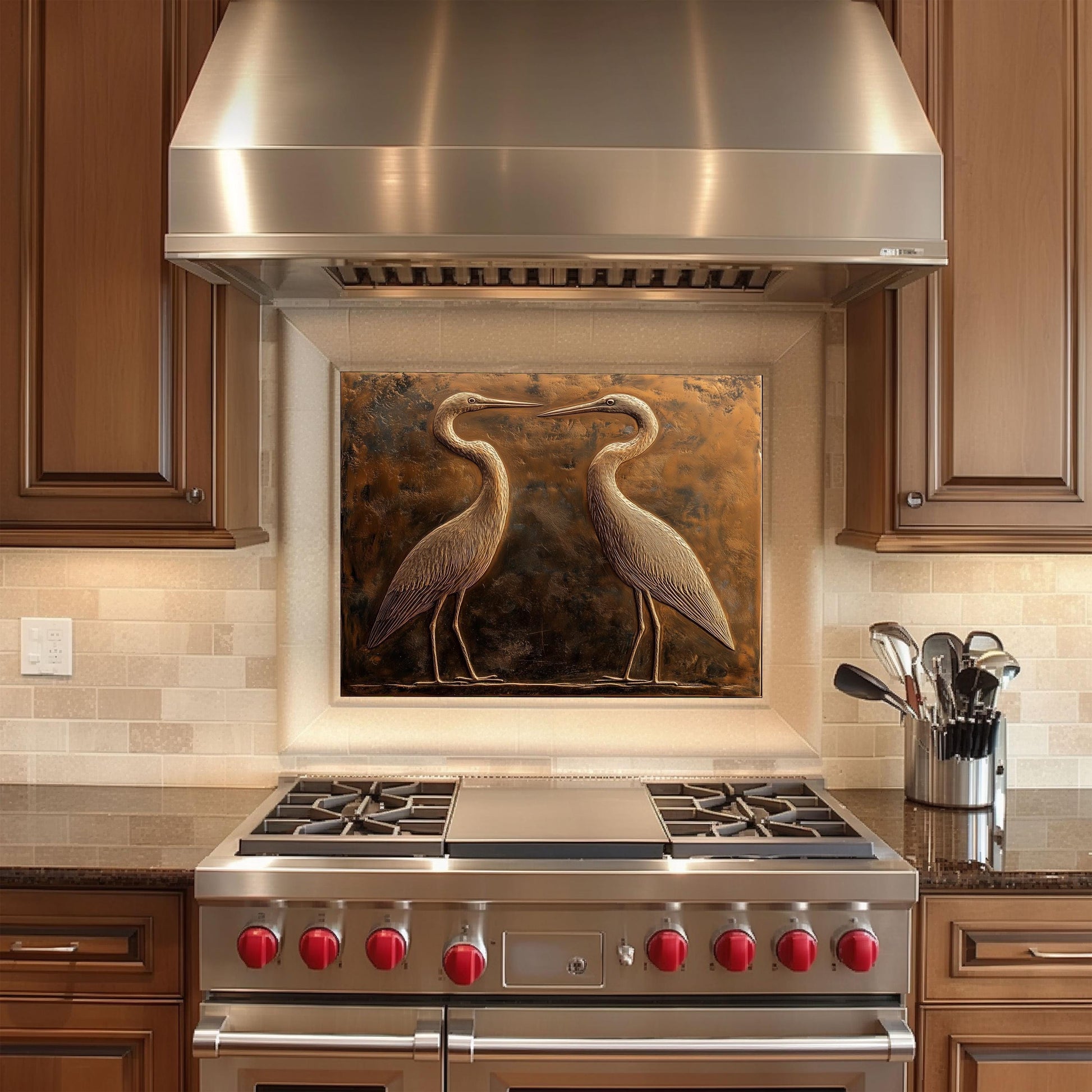 Rustic copper kitchen backsplash, heron design, heat-resistant tempered glass, easy clean wall protector, nature-inspired kitchen art, stove backsplash, elegant kitchen decor