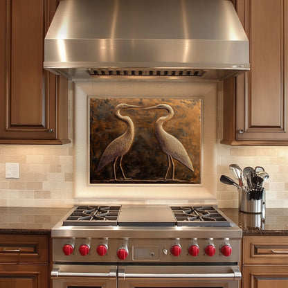 Rustic copper kitchen backsplash, heron design, heat-resistant tempered glass, easy clean wall protector, nature-inspired kitchen art, stove backsplash, elegant kitchen decor