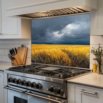 Wheat Field Glass Backsplash, Rustic Farmhouse Stove Guard, Heat Resistant Easy Clean Kitchen Art