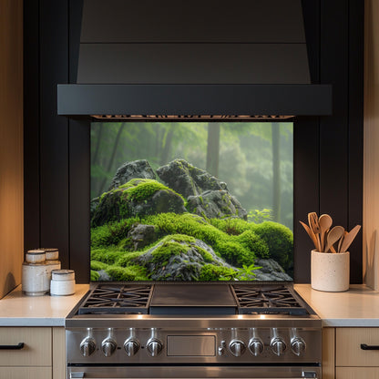 Moss Covered Rock Forest Tempered Glass Backsplash - Nature Inspired Green Kitchen Splashback