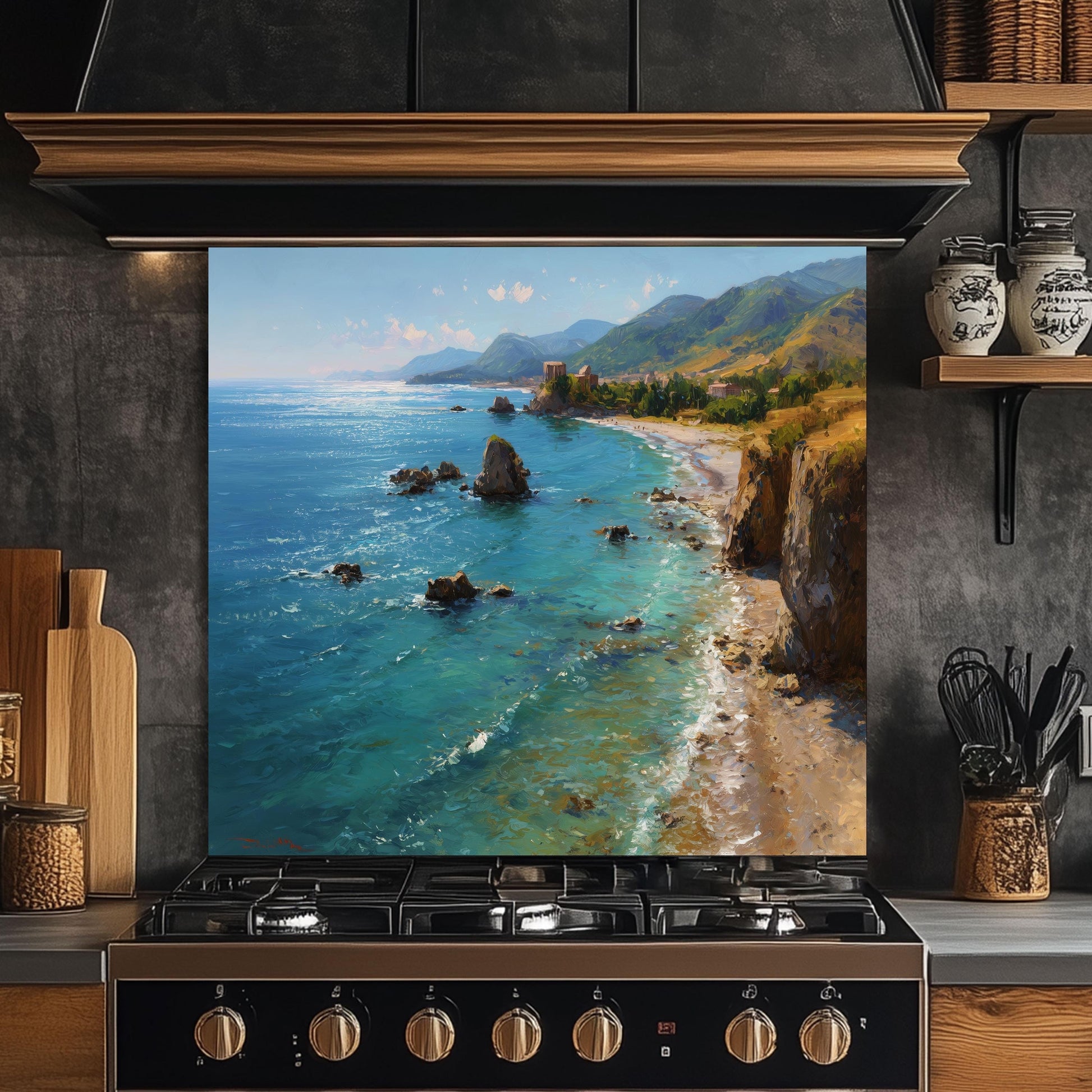 Tempered Glass Mountain Sunrise Backsplash: Heat-Resistant Kitchen Wall Art