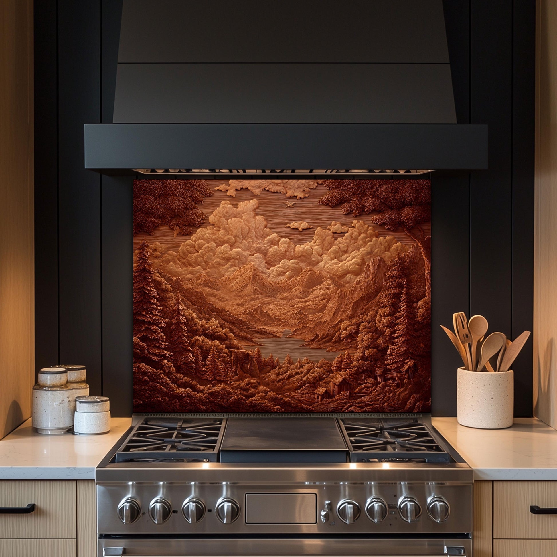 Sepia Mountain Landscape Tempered Glass Backsplash - Rustic Cabin Decor