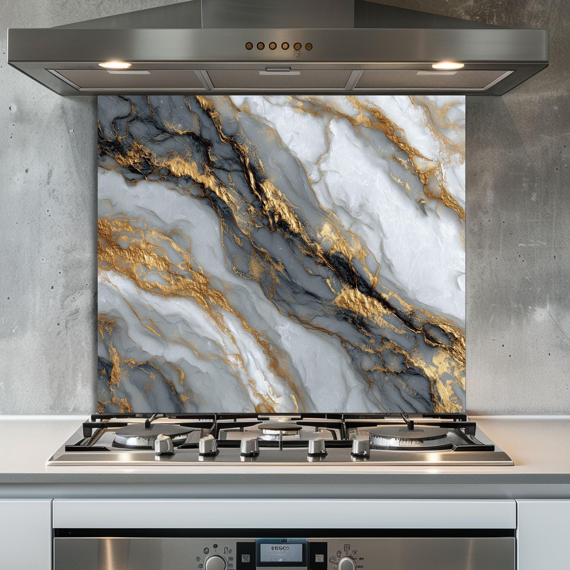 Black Gold Marble Glass Backsplash, Luxury Stone Stove Guard, Heat Resistant Easy Clean Art