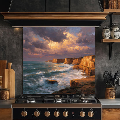 Ocean Cliff Sunset Backsplash - Tempered Glass Kitchen Splashback, Coastal Stove Wall Protector, Seascape Glass Panel for Kitchen