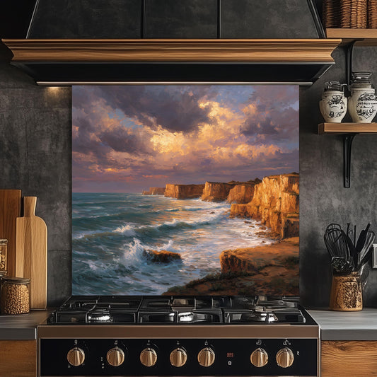 Ocean Cliff Sunset Backsplash - Tempered Glass Kitchen Splashback, Coastal Stove Wall Protector, Seascape Glass Panel for Kitchen