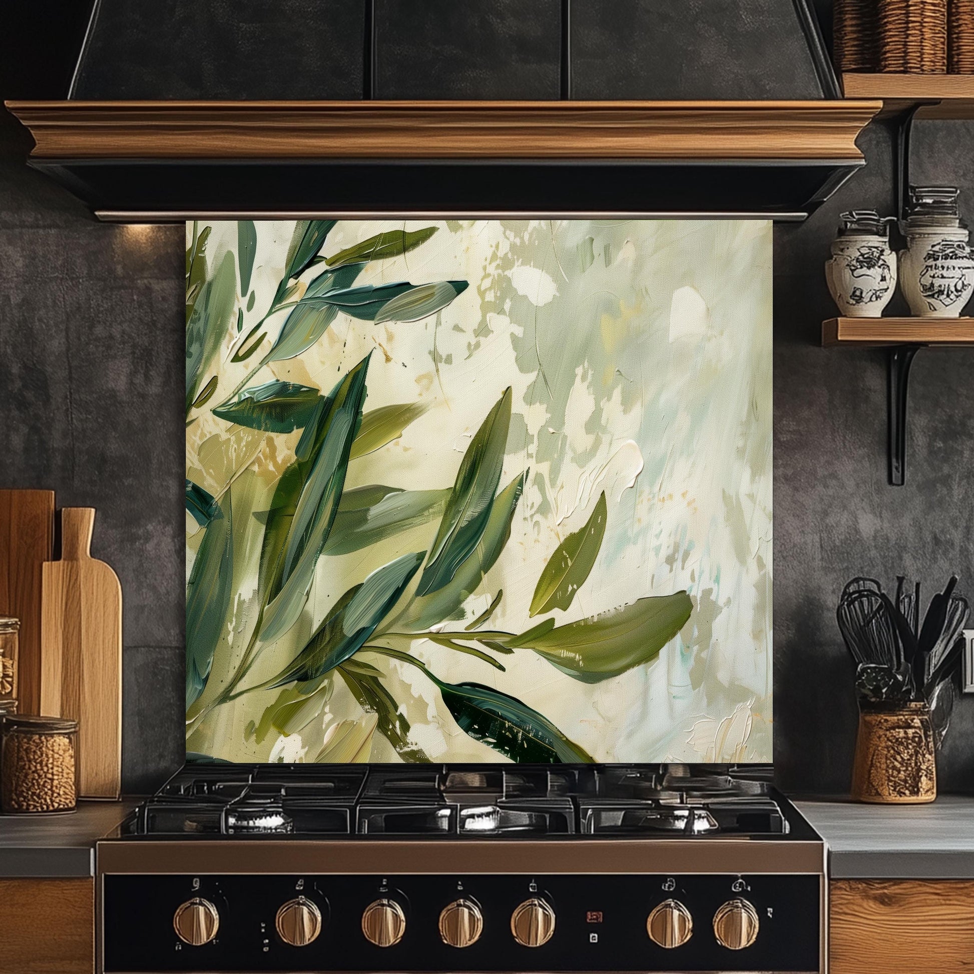 Olive Branch Kitchen Backsplash – Mediterranean Tempered Glass Splashback with Green Olive Leaves Design
