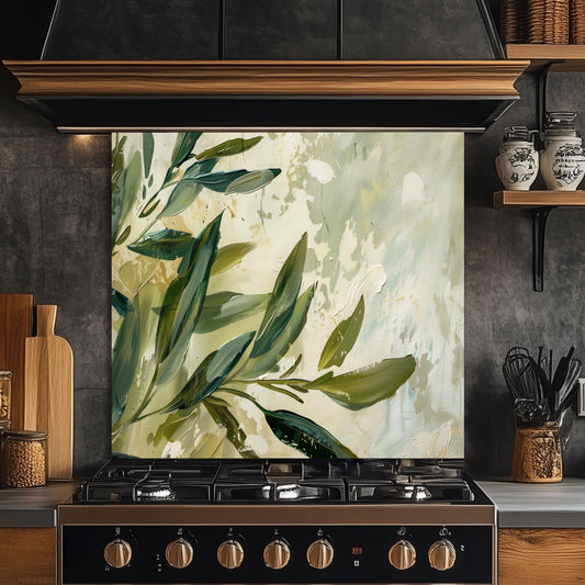 Olive Branch Kitchen Backsplash – Mediterranean Tempered Glass Splashback with Green Olive Leaves Design