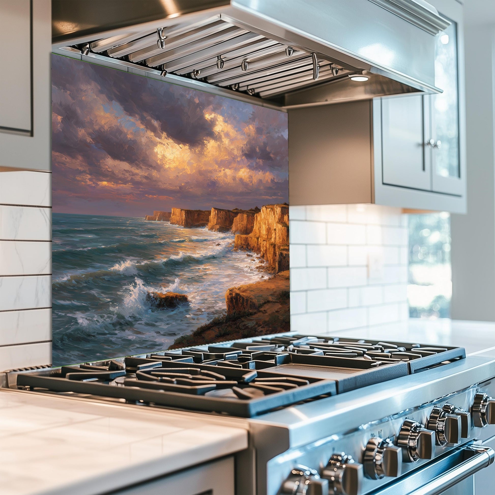 Ocean Cliff Sunset Backsplash - Tempered Glass Kitchen Splashback, Coastal Stove Wall Protector, Seascape Glass Panel for Kitchen