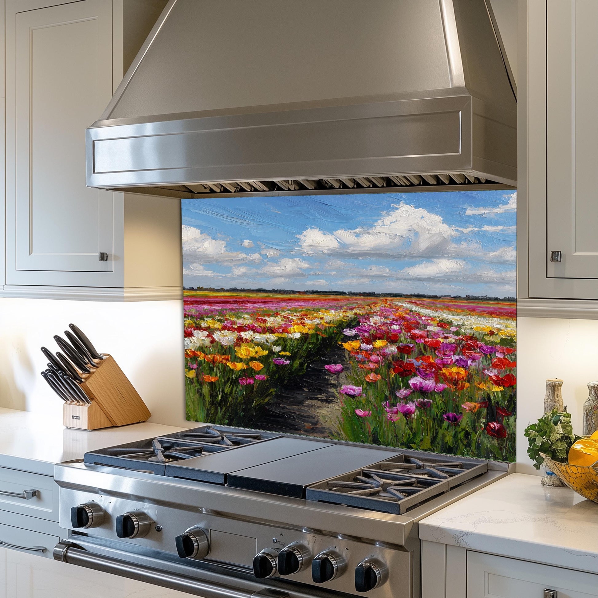 Colorful Tulip Field Kitchen Backsplash – Dutch Spring Landscape Tempered Glass Stove Splashback