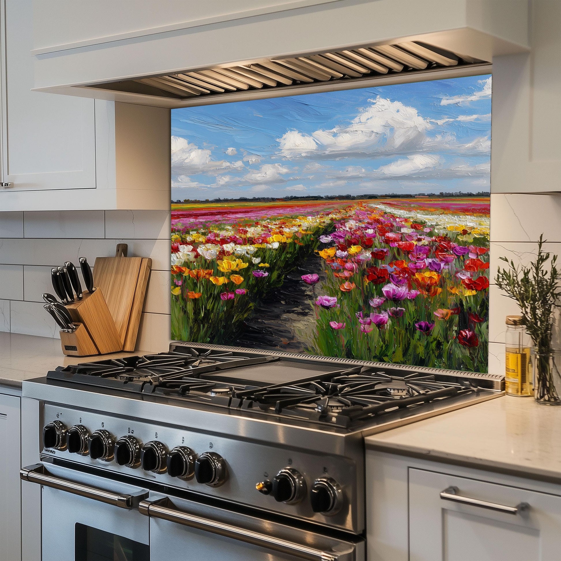Colorful Tulip Field Kitchen Backsplash – Dutch Spring Landscape Tempered Glass Stove Splashback