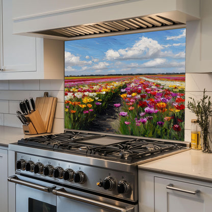 Colorful Tulip Field Kitchen Backsplash – Dutch Spring Landscape Tempered Glass Stove Splashback