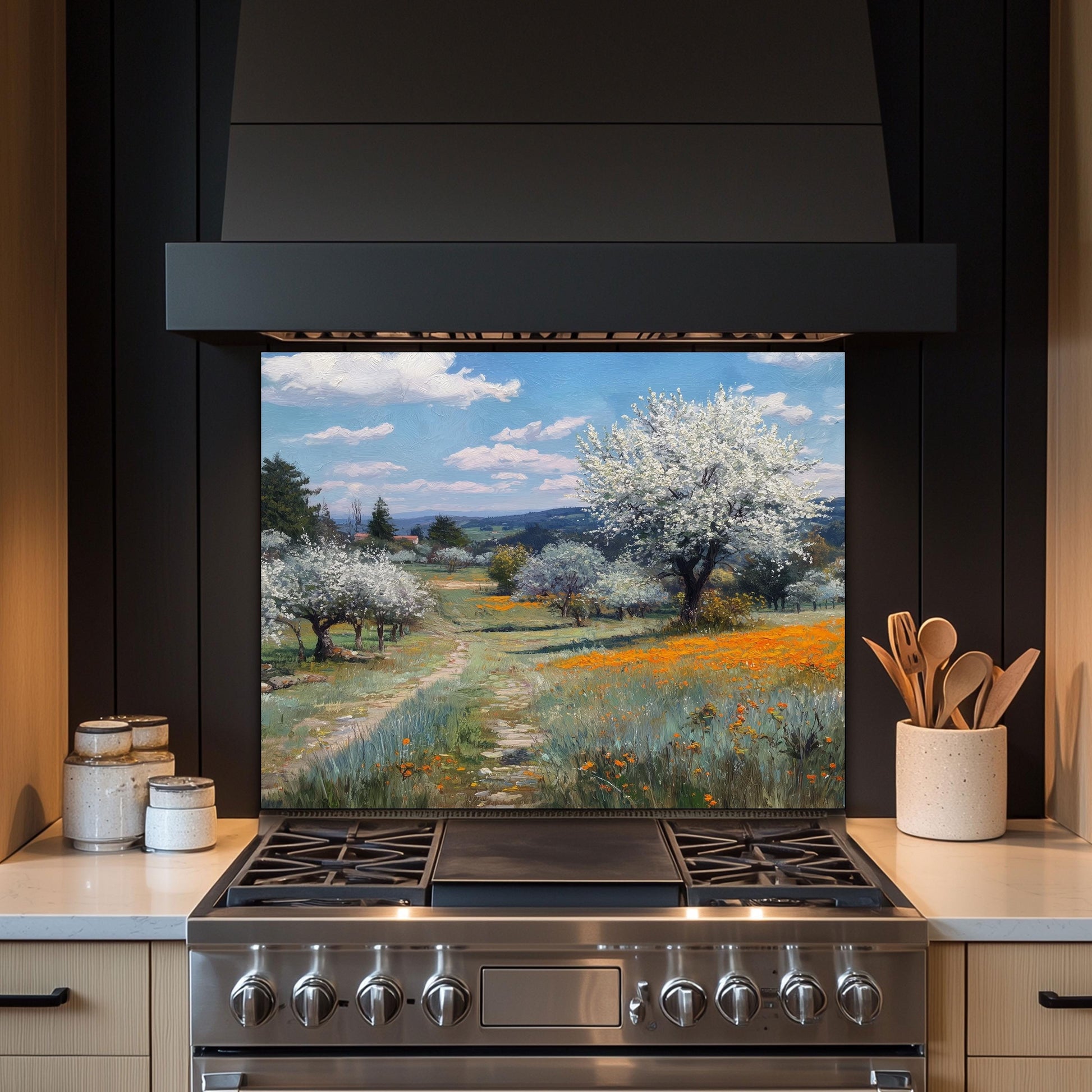 Spring Meadow Wildflower Kitchen Backsplash, UV Printed Tempered Glass Art, Custom Size Design