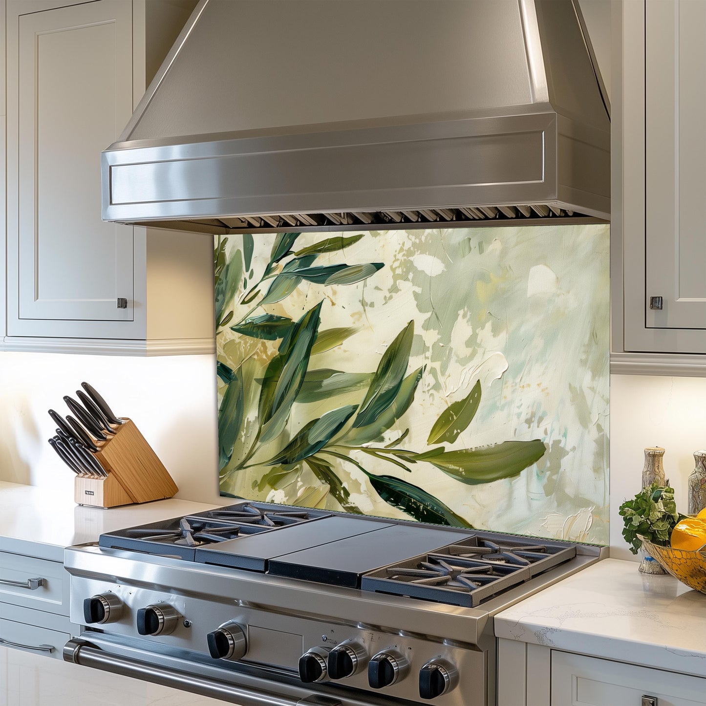 Olive Branch Kitchen Backsplash – Mediterranean Tempered Glass Splashback with Green Olive Leaves Design