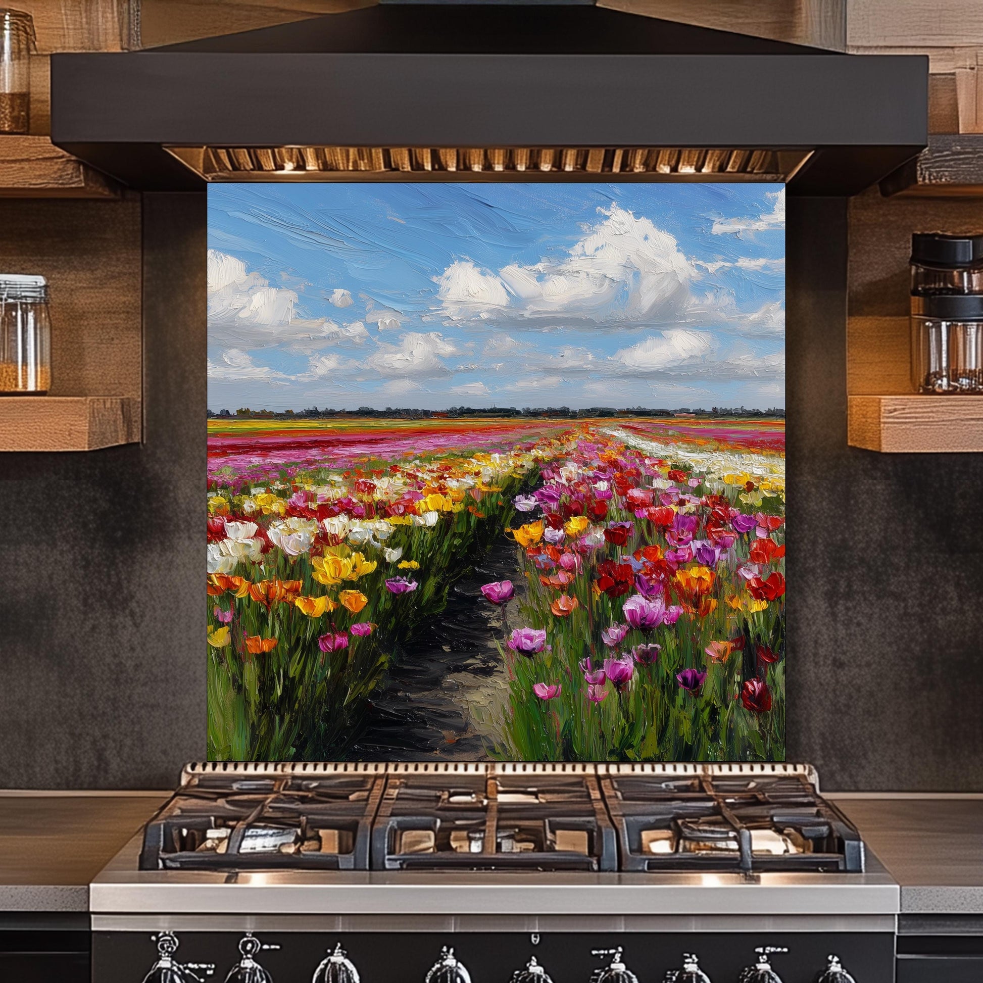Colorful Tulip Field Kitchen Backsplash – Dutch Spring Landscape Tempered Glass Stove Splashback