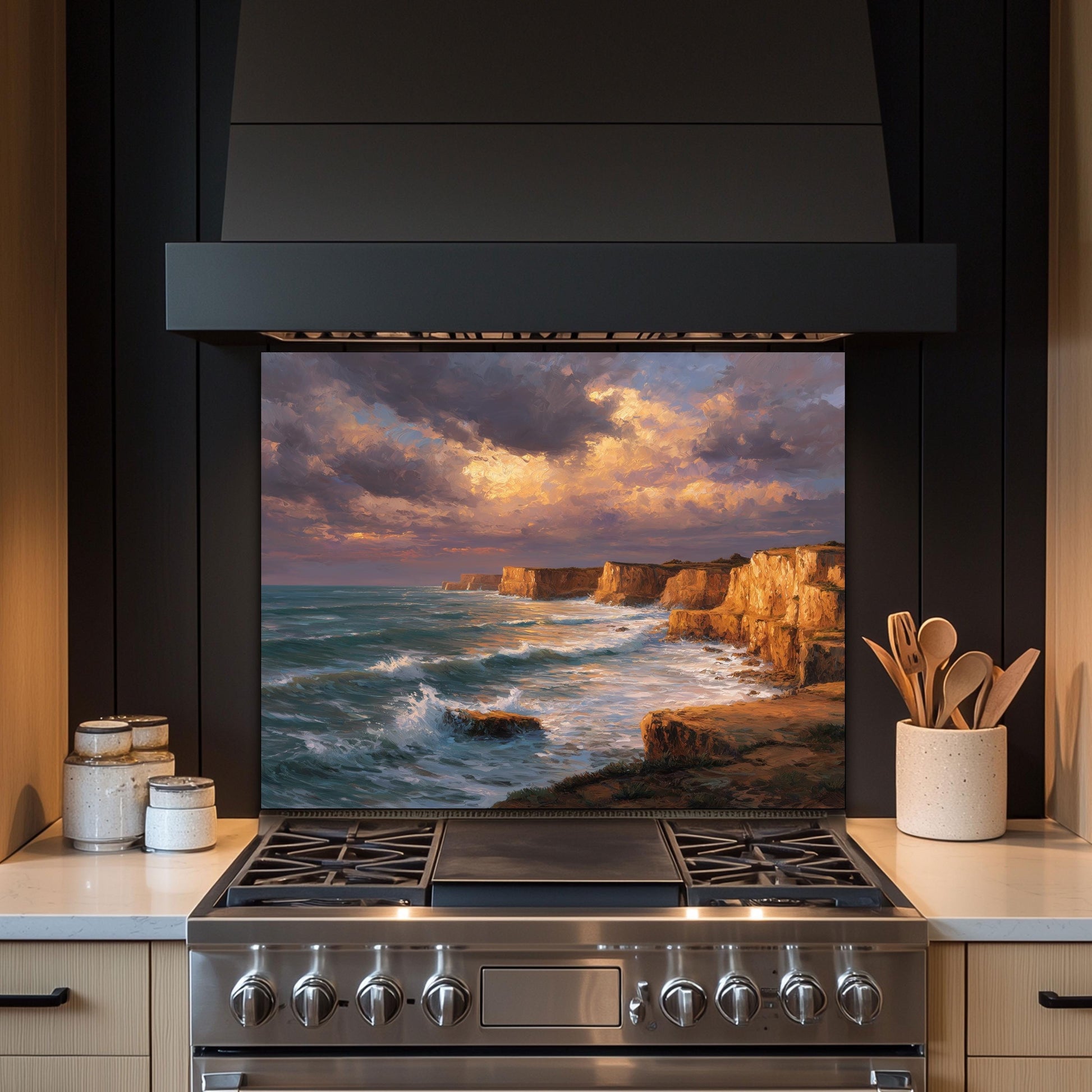 Ocean Cliff Sunset Backsplash - Tempered Glass Kitchen Splashback, Coastal Stove Wall Protector, Seascape Glass Panel for Kitchen