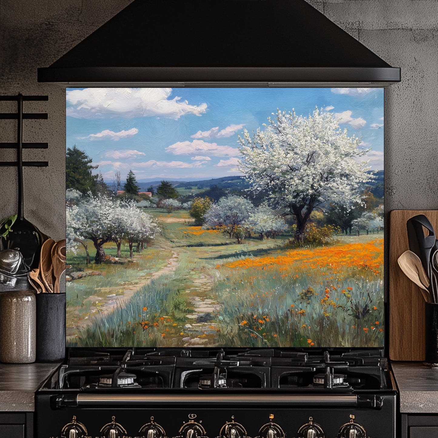 Spring Meadow Wildflower Kitchen Backsplash, UV Printed Tempered Glass Art, Custom Size Design