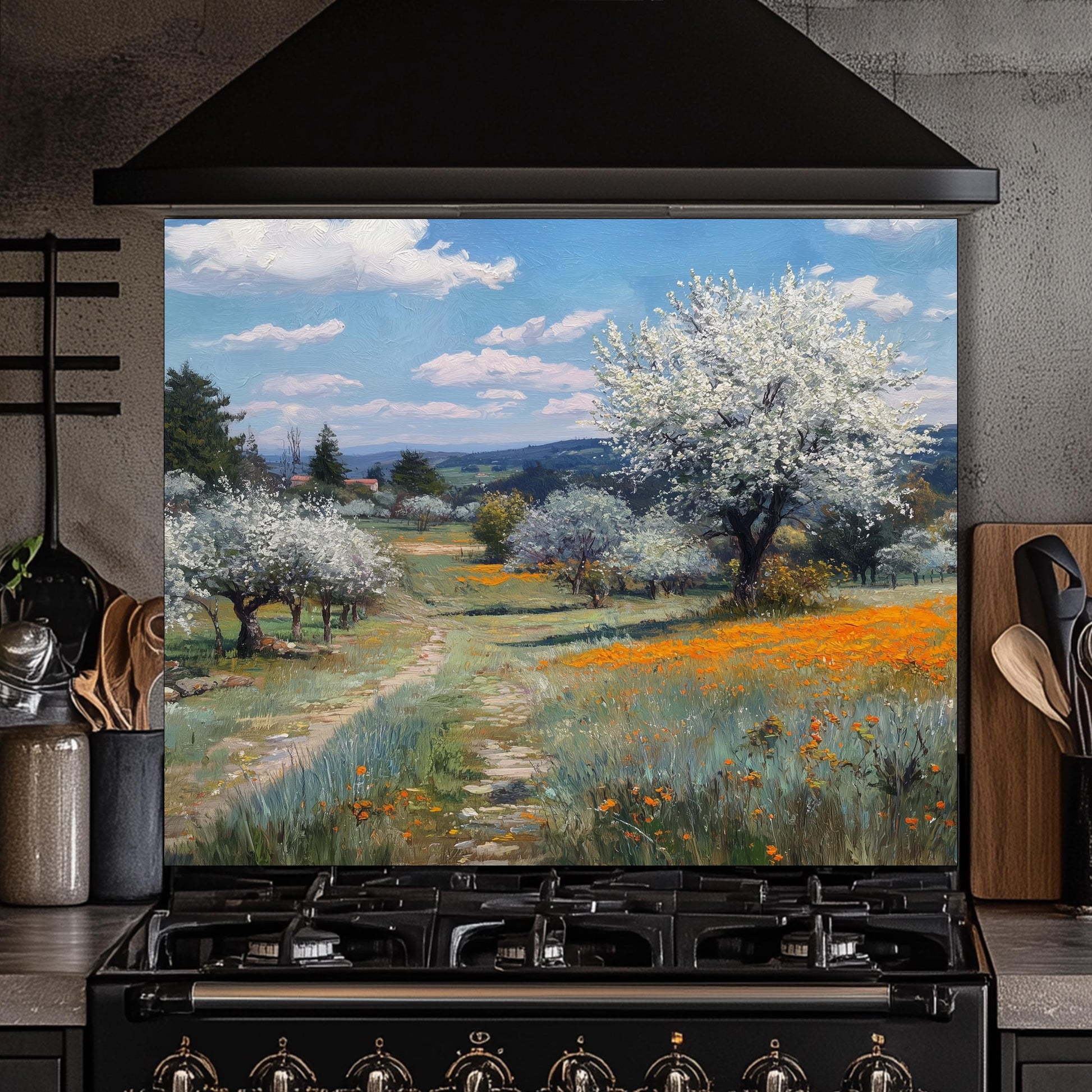 Spring Meadow Wildflower Kitchen Backsplash, UV Printed Tempered Glass Art, Custom Size Design