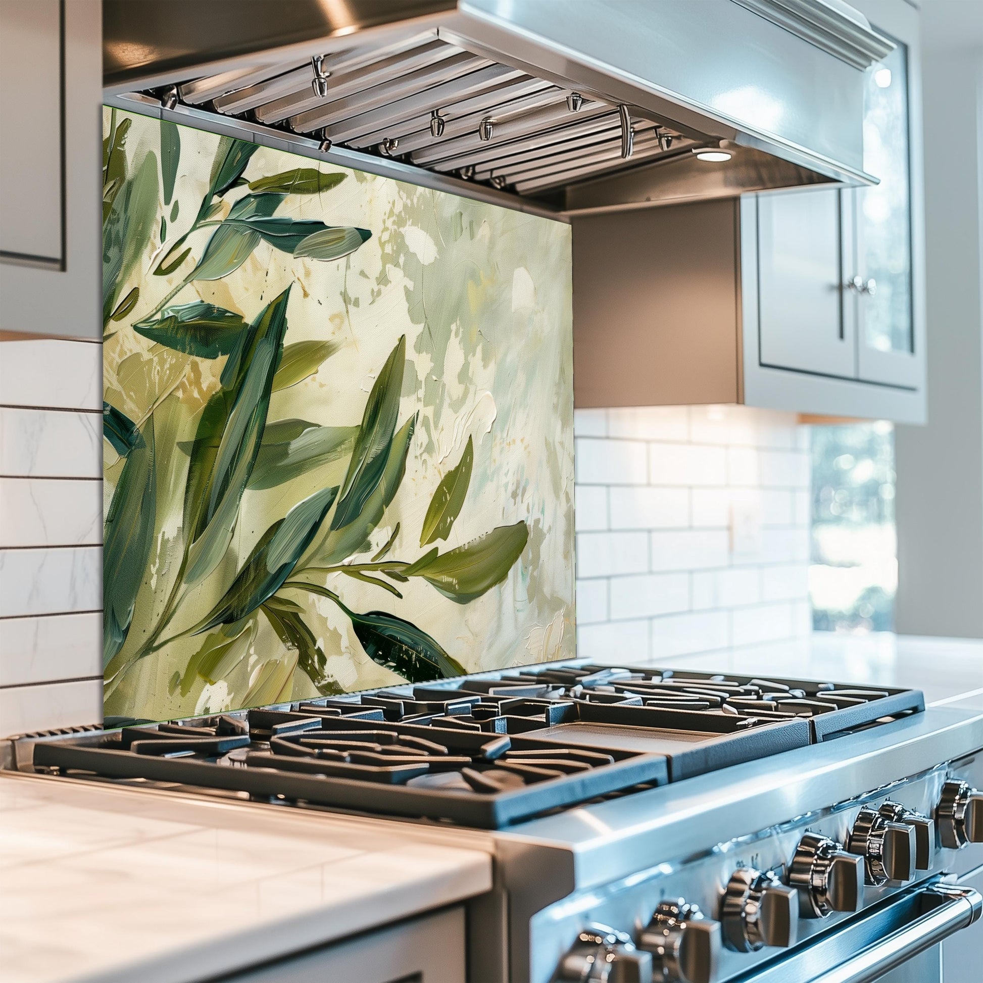 Olive Branch Kitchen Backsplash – Mediterranean Tempered Glass Splashback with Green Olive Leaves Design