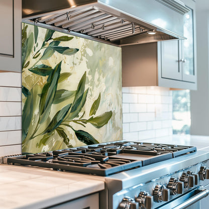 Olive Branch Kitchen Backsplash – Mediterranean Tempered Glass Splashback with Green Olive Leaves Design