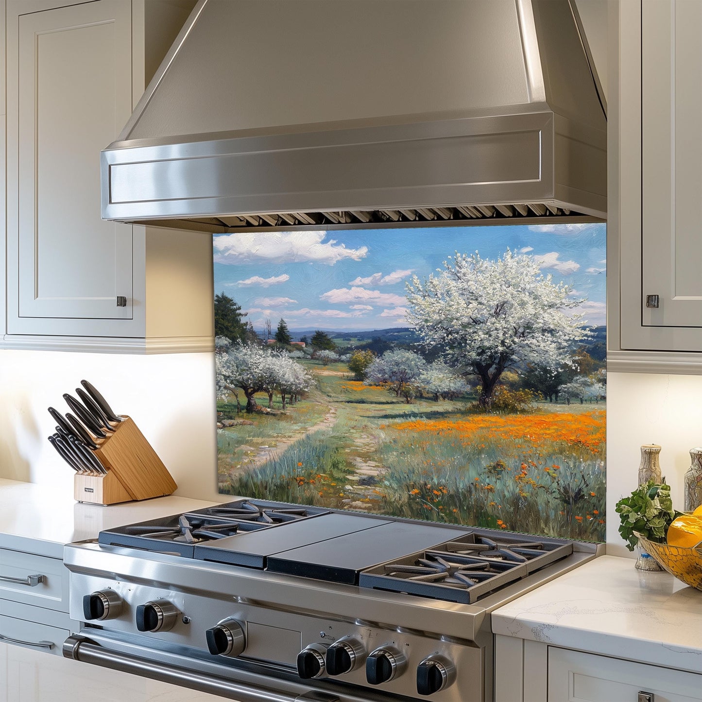 Spring Meadow Wildflower Kitchen Backsplash, UV Printed Tempered Glass Art, Custom Size Design