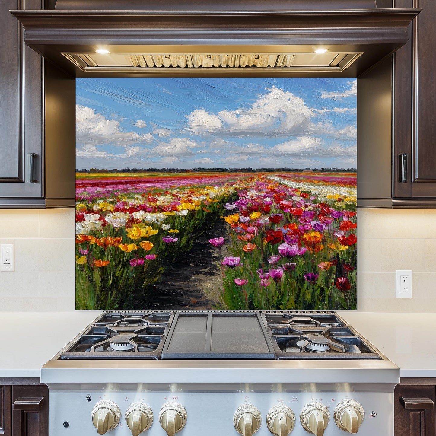 Colorful Tulip Field Kitchen Backsplash – Dutch Spring Landscape Tempered Glass Stove Splashback