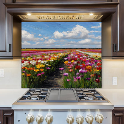 Colorful Tulip Field Kitchen Backsplash – Dutch Spring Landscape Tempered Glass Stove Splashback