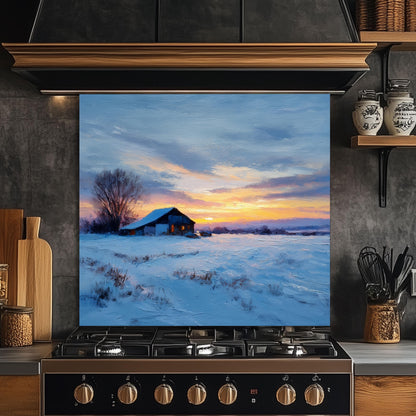 Winter Sunset Cabin Kitchen Backsplash - Tempered Glass Splashback for Stove - Snow Landscape Wall Panel -Glass Backsplash