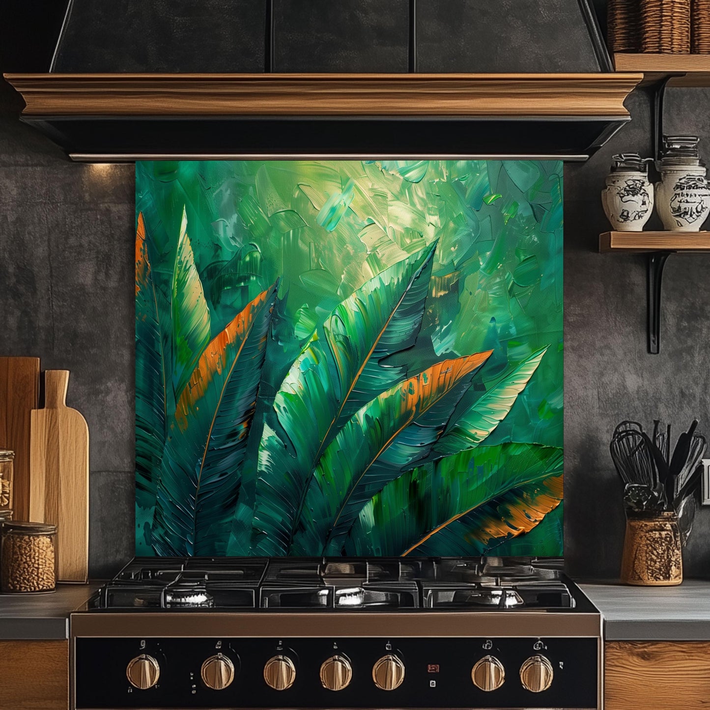 Tropical Jungle Leaf Kitchen Backsplash, UV Printed Tempered Glass Art, Custom Size Design