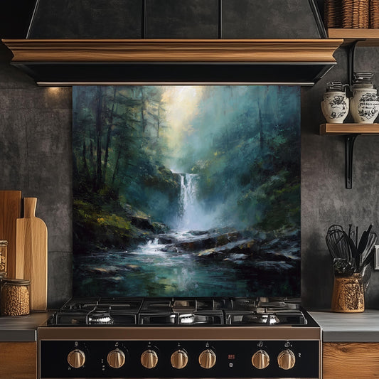 Waterfall Forest Kitchen Backsplash, Nature Landscape Tempered Glass Art, Custom Size Design