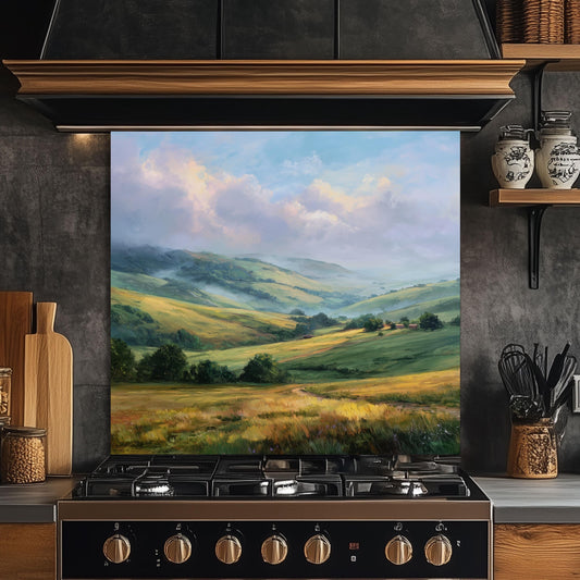 Rolling Green Hills Backsplash, Tempered Glass Kitchen Wall Art, Countryside Landscape Design